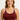 high-support sports bra in burgundy worn by a smiling woman, featuring a racerback design and moisture-wicking fabric.
